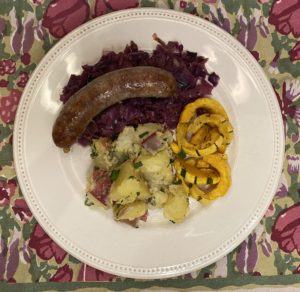 Whole 30 Day 7, Braised Cabbage and Bratwurst with Warm Potato Salad and Roast Delicata Squash