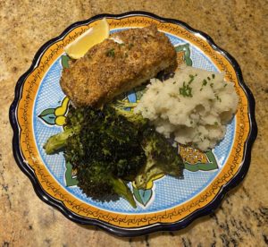 Whole 30 Day 13, Almond Crusted Halibut with Garlic Mashed Potatoes and Broccoli