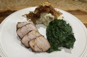 Whole 30 Day 17: Glazed Pork Tenderloin, Mashed Potatoes with Crispy Prosciutto, Onions and Pine Nuts, Sauteed Spinach