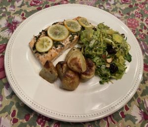 Whole 30 Day 27: Poached Salmon in Parchment, Shaved Brussels Sprouts with Cranberries and Toasted Almonds