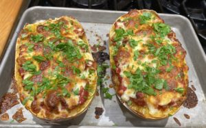 Twice Baked Spaghetti Squash with Sausage and Tomatoes